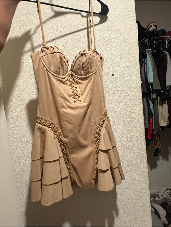 Oh Polly Dresses & Skirts - Oh Polly Beige Lace-Up Ruffled Mini Dress